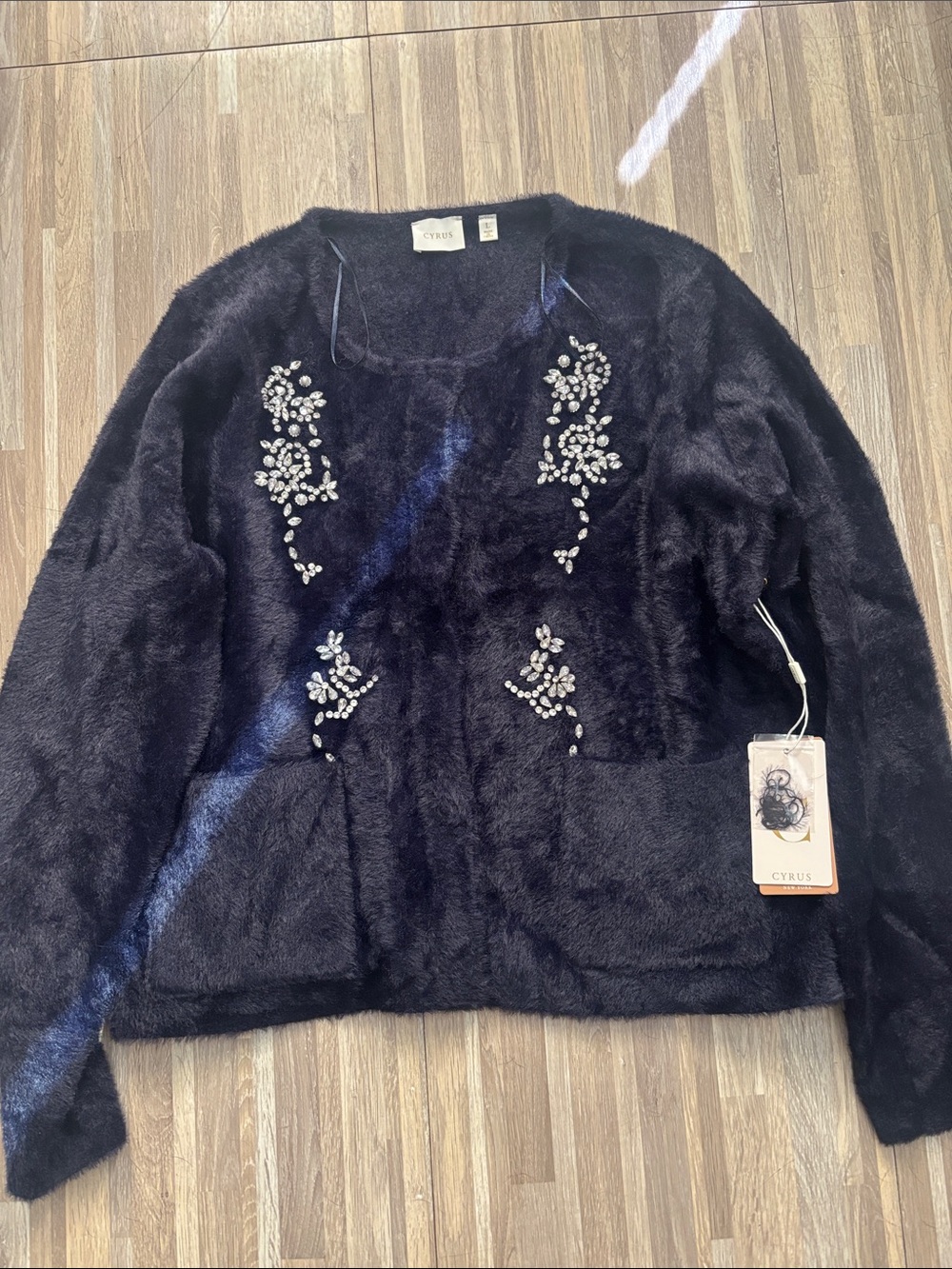 Cyrus Black Faux Fur Embellished Teddy sweater NEVER WORN